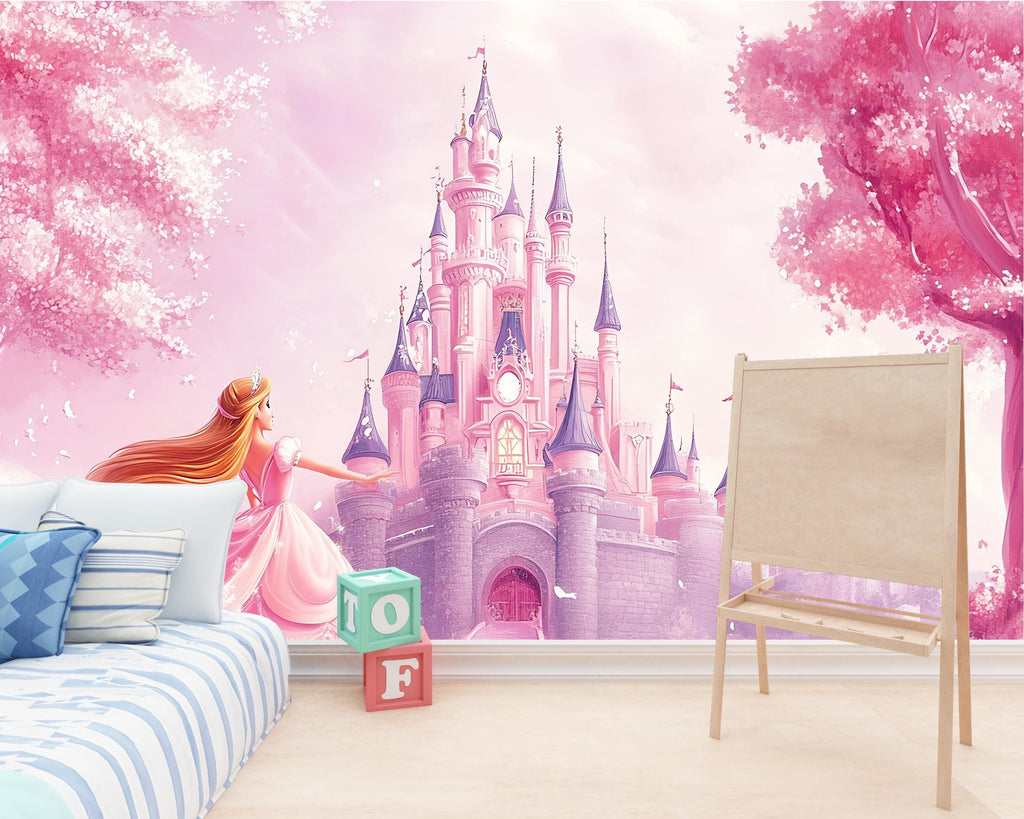 Princess Castle Wall Mural – Pink Fairytale Wallpaper for Girls Nursery or Bedroom, Fantasy Peel and Stick Wall Art, Magical Kids Decor