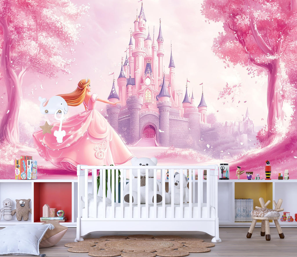 Princess Castle Wall Mural – Pink Fairytale Wallpaper for Girls Nursery or Bedroom, Fantasy Peel and Stick Wall Art, Magical Kids Decor