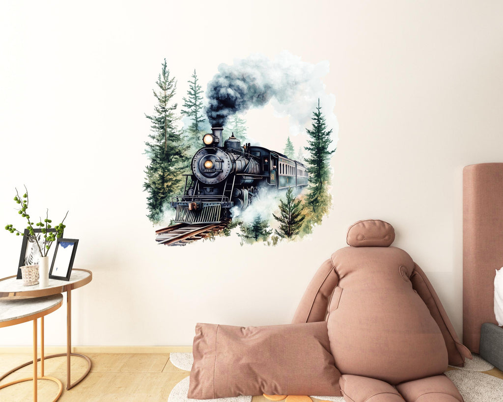 Watercolor Steam Train Wall Decal / Vintage Train Nursery Decor / Peel and Stick Train Mural / Boys Room Train Wall Art / Locomotive Sticker