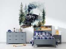 Load image into Gallery viewer, Watercolor Steam Train Wall Decal / Vintage Train Nursery Decor / Peel and Stick Train Mural / Boys Room Train Wall Art / Locomotive Sticker