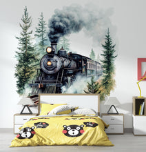 Load image into Gallery viewer, Watercolor Steam Train Wall Decal / Vintage Train Nursery Decor / Peel and Stick Train Mural / Boys Room Train Wall Art / Locomotive Sticker