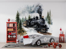 Load image into Gallery viewer, Watercolor Steam Train Nursery Decal / Rustic Train Wall Sticker / Vintage Locomotive Wall Art / Peel and Stick Train Mural / Boys Train