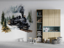 Load image into Gallery viewer, Watercolor Steam Train Nursery Decal / Rustic Train Wall Sticker / Vintage Locomotive Wall Art / Peel and Stick Train Mural / Boys Train