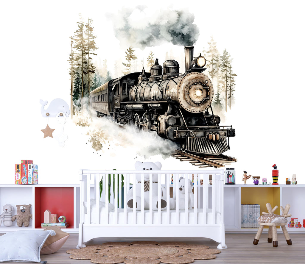 Rustic Steam Train Wall Decal / Watercolor Train Nursery Mural / Vintage Locomotive Wall Art / Peel and Stick Boys / Train Theme Nursery