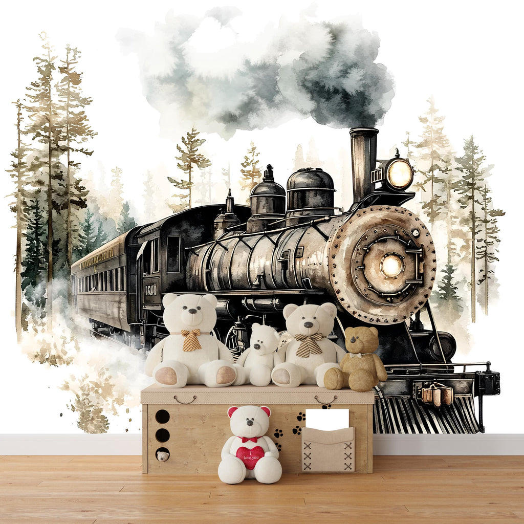 Rustic Steam Train Wall Decal / Watercolor Train Nursery Mural / Vintage Locomotive Wall Art / Peel and Stick Boys / Train Theme Nursery