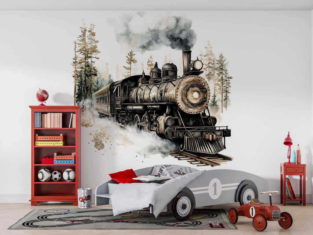 Rustic Steam Train Wall Decal / Watercolor Train Nursery Mural / Vintage Locomotive Wall Art / Peel and Stick Boys / Train Theme Nursery