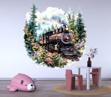 Load image into Gallery viewer, Watercolor Rustic Steam Train Wall Decal / Vintage Locomotive Nursery Mural / Peel and Stick Train Wall Art / Boys Room Train Decor