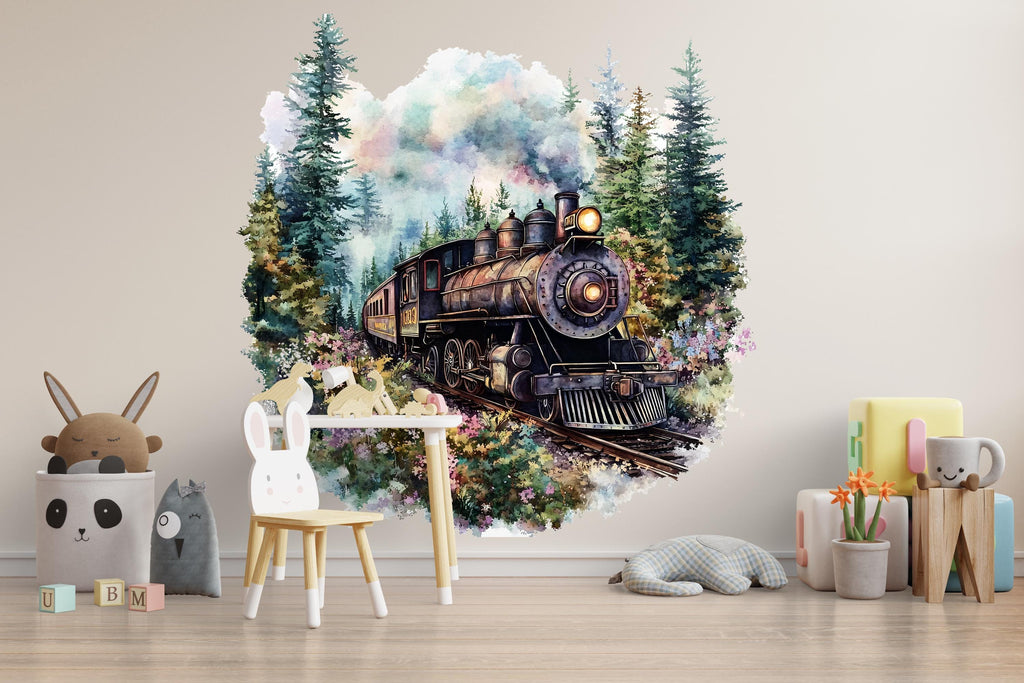 Watercolor Rustic Steam Train Wall Decal / Vintage Locomotive Nursery Mural / Peel and Stick Train Wall Art / Boys Room Train Decor