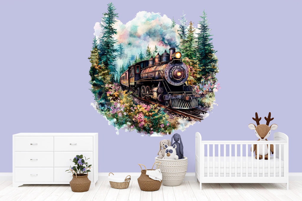 Watercolor Rustic Steam Train Wall Decal / Vintage Locomotive Nursery Mural / Peel and Stick Train Wall Art / Boys Room Train Decor