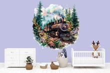 Load image into Gallery viewer, Watercolor Rustic Steam Train Wall Decal / Vintage Locomotive Nursery Mural / Peel and Stick Train Wall Art / Boys Room Train Decor