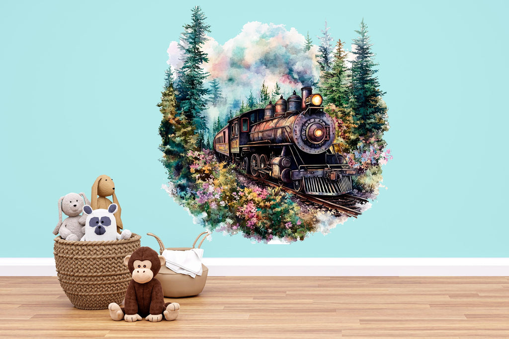 Watercolor Rustic Steam Train Wall Decal / Vintage Locomotive Nursery Mural / Peel and Stick Train Wall Art / Boys Room Train Decor