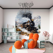 Load image into Gallery viewer, Watercolor Steam Train in Mountains Wall Decal / Vintage Train Nursery Mural / Peel and Stick Boys Room Wall Art / Rustic Adventure Nursery