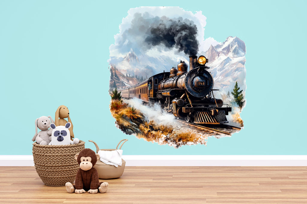 Watercolor Steam Train in Mountains Wall Decal / Vintage Train Nursery Mural / Peel and Stick Boys Room Wall Art / Rustic Adventure Nursery