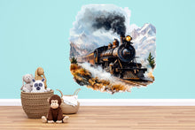 Load image into Gallery viewer, Watercolor Steam Train in Mountains Wall Decal / Vintage Train Nursery Mural / Peel and Stick Boys Room Wall Art / Rustic Adventure Nursery