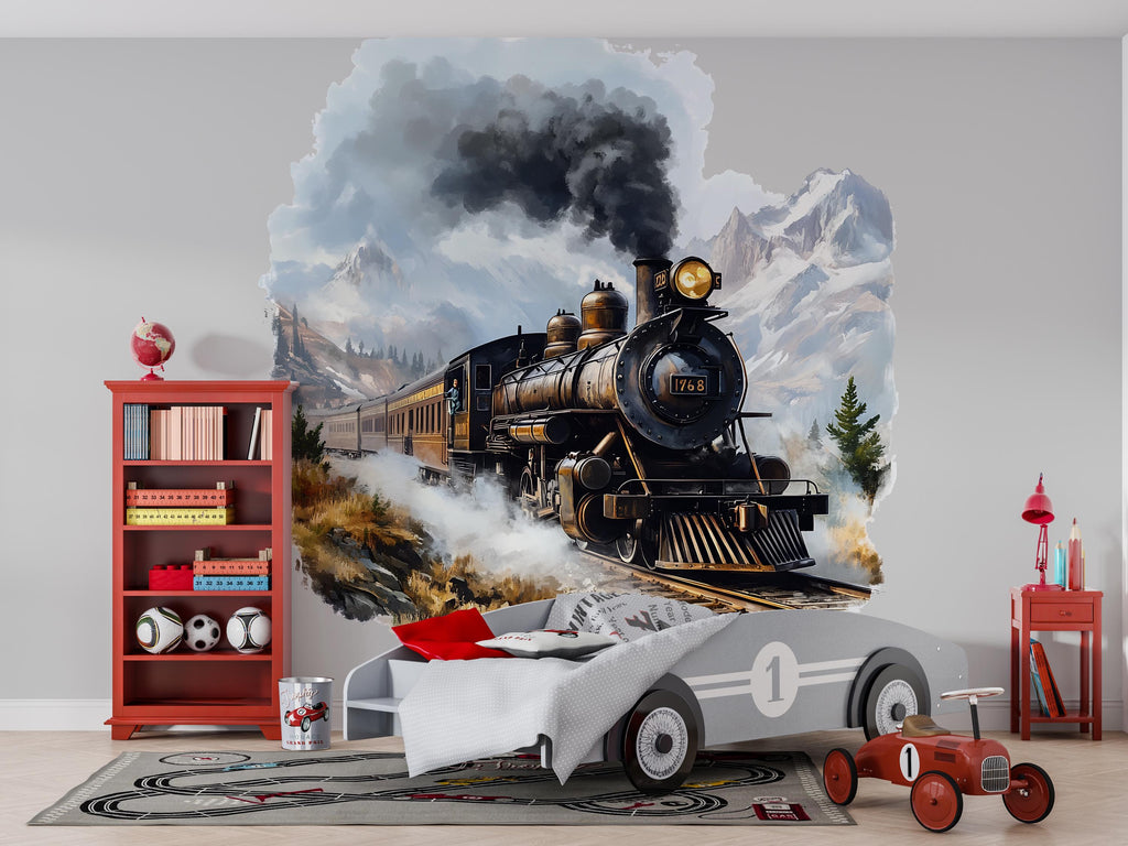 Watercolor Steam Train in Mountains Wall Decal / Vintage Train Nursery Mural / Peel and Stick Boys Room Wall Art / Rustic Adventure Nursery