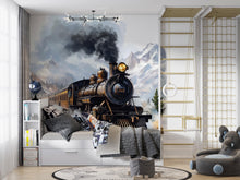 Load image into Gallery viewer, Watercolor Steam Train in Mountains Wall Decal / Vintage Train Nursery Mural / Peel and Stick Boys Room Wall Art / Rustic Adventure Nursery