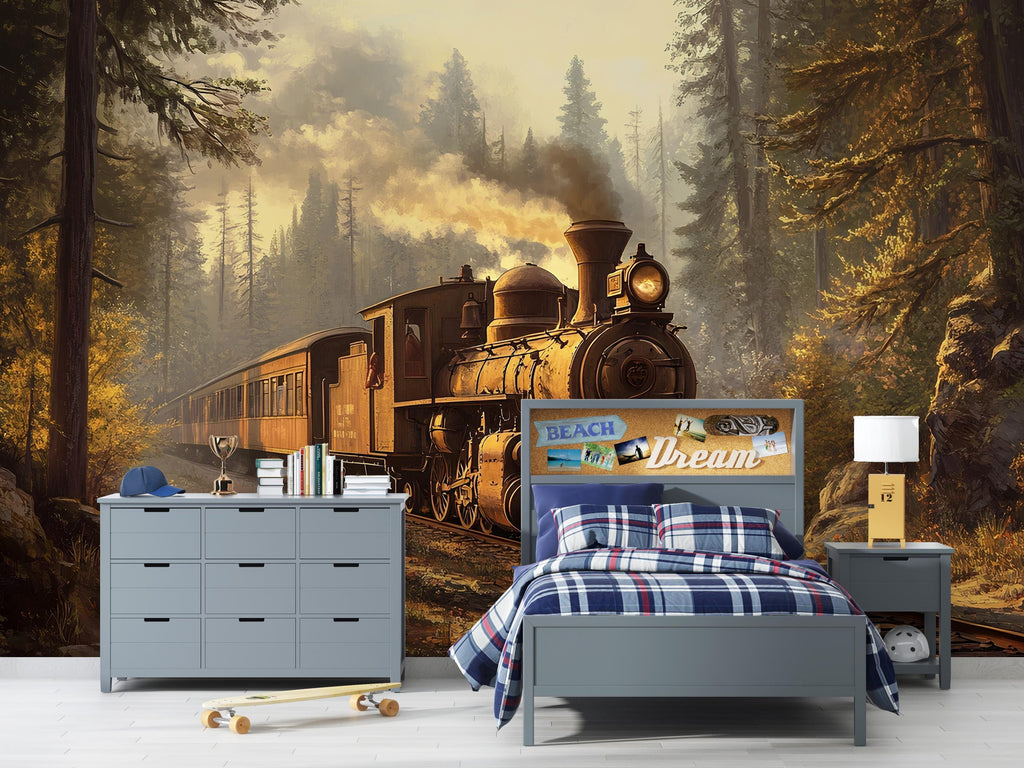 Watercolor Steam Train in Forest Wallpaper / Vintage Locomotive Mural / Rustic Train Wall Art / Boys Room Peel and Stick Wallpaper