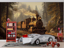 Load image into Gallery viewer, Watercolor Steam Train in Forest Wallpaper / Vintage Locomotive Mural / Rustic Train Wall Art / Boys Room Peel and Stick Wallpaper