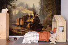 Load image into Gallery viewer, Watercolor Steam Train in Forest Wallpaper / Vintage Locomotive Mural / Rustic Train Wall Art / Boys Room Peel and Stick Wallpaper