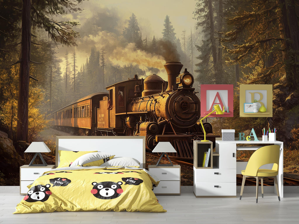 Watercolor Steam Train in Forest Wallpaper / Vintage Locomotive Mural / Rustic Train Wall Art / Boys Room Peel and Stick Wallpaper