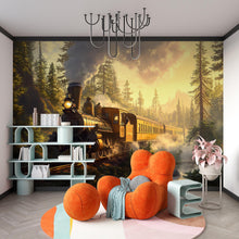 Load image into Gallery viewer, Watercolor Steam Train Forest Wallpaper / Vintage Train Wall Mural / Peel and Stick Boys Room Decor / Woodland Locomotive Nursery Art