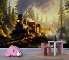 Load image into Gallery viewer, Watercolor Steam Train Forest Wallpaper / Vintage Train Wall Mural / Peel and Stick Boys Room Decor / Woodland Locomotive Nursery Art