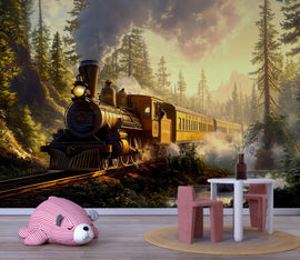 Watercolor Steam Train Forest Wallpaper / Vintage Train Wall Mural / Peel and Stick Boys Room Decor / Woodland Locomotive Nursery Art