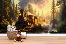 Load image into Gallery viewer, Watercolor Steam Train Forest Wallpaper / Vintage Train Wall Mural / Peel and Stick Boys Room Decor / Woodland Locomotive Nursery Art