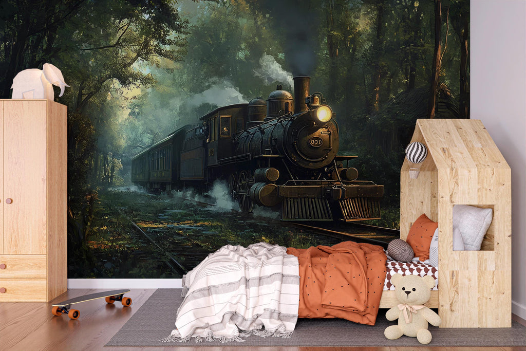 Watercolor Steam Train Forest Wallpaper – Vintage Train Wall Mural for Nursery, Kids Room, Adventure Theme Decor