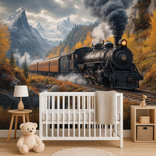 Load image into Gallery viewer, Adventure Train Forest Wallpaper – Watercolor Steam Train Wall Mural for Boys Room