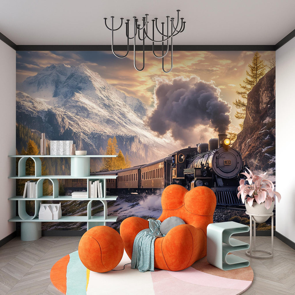 Train in the Mountains Wallpaper Mural – Vintage Steam Engine Wall Art – Boys Room Adventure Decor – Snowy Railway Landscape Nursery Mural