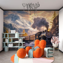Load image into Gallery viewer, Train in the Mountains Wallpaper Mural – Vintage Steam Engine Wall Art – Boys Room Adventure Decor – Snowy Railway Landscape Nursery Mural