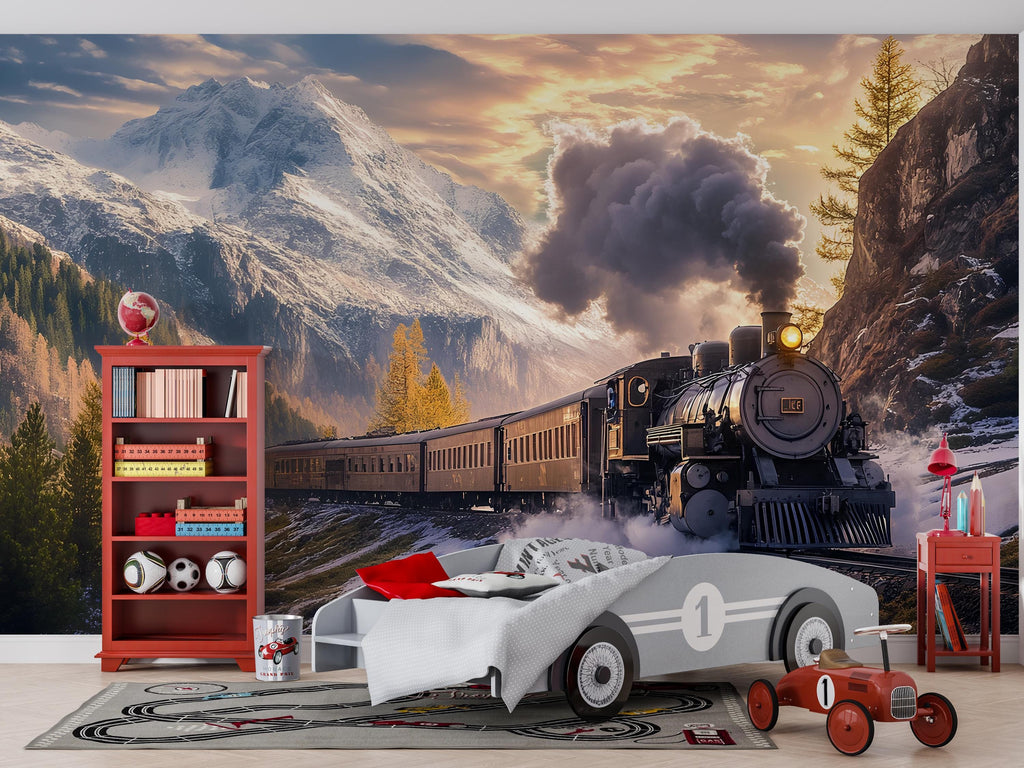 Train in the Mountains Wallpaper Mural – Vintage Steam Engine Wall Art – Boys Room Adventure Decor – Snowy Railway Landscape Nursery Mural