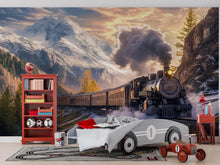 Load image into Gallery viewer, Train in the Mountains Wallpaper Mural – Vintage Steam Engine Wall Art – Boys Room Adventure Decor – Snowy Railway Landscape Nursery Mural