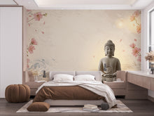 Load image into Gallery viewer, Zen Buddha Spa Wall Mural – Minimalist Meditation Wallpaper with Cherry Blossoms Watercolor Waves – Calm Neutral Wellness Decor Mural 698RS