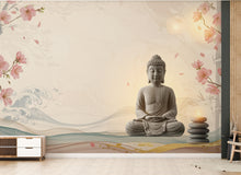 Load image into Gallery viewer, Zen Buddha Spa Wall Mural – Minimalist Meditation Wallpaper with Cherry Blossoms Watercolor Waves – Calm Neutral Wellness Decor Mural 698RS