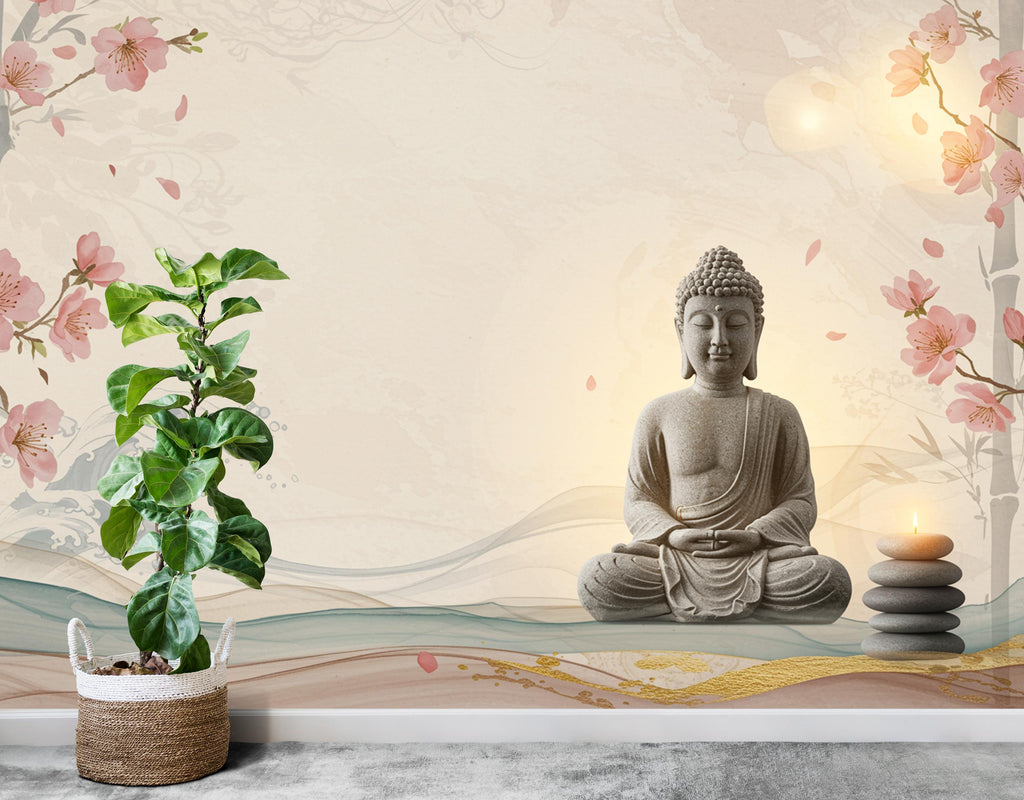 Zen Buddha Spa Wall Mural – Minimalist Meditation Wallpaper with Cherry Blossoms Watercolor Waves – Calm Neutral Wellness Decor Mural 698RS