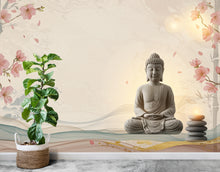 Load image into Gallery viewer, Zen Buddha Spa Wall Mural – Minimalist Meditation Wallpaper with Cherry Blossoms Watercolor Waves – Calm Neutral Wellness Decor Mural 698RS
