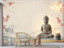 Load image into Gallery viewer, Zen Buddha Spa Wall Mural – Minimalist Meditation Wallpaper with Cherry Blossoms Watercolor Waves – Calm Neutral Wellness Decor Mural 698RS
