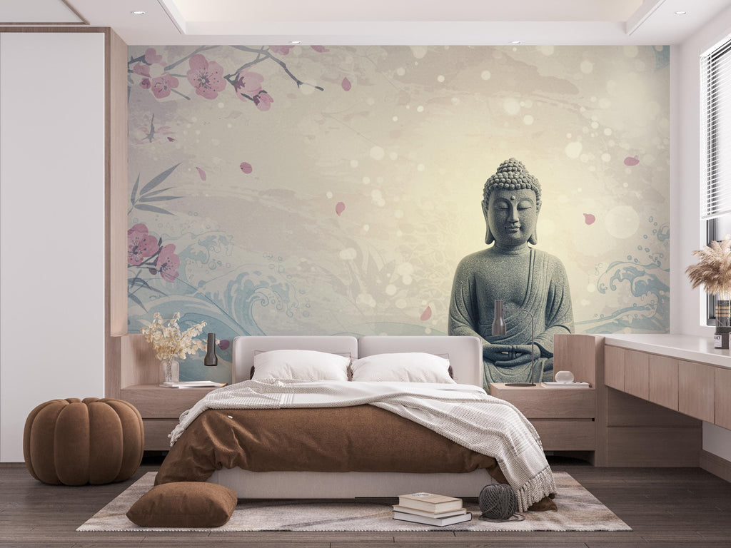 Zen Buddha Spa Wall Mural – Minimalist Meditation Wallpaper with Cherry Blossoms Watercolor Waves – Calm Neutral Wellness Decor Mural 699RS