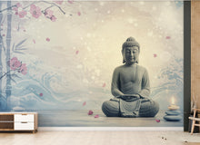 Load image into Gallery viewer, Zen Buddha Spa Wall Mural – Minimalist Meditation Wallpaper with Cherry Blossoms Watercolor Waves – Calm Neutral Wellness Decor Mural 699RS