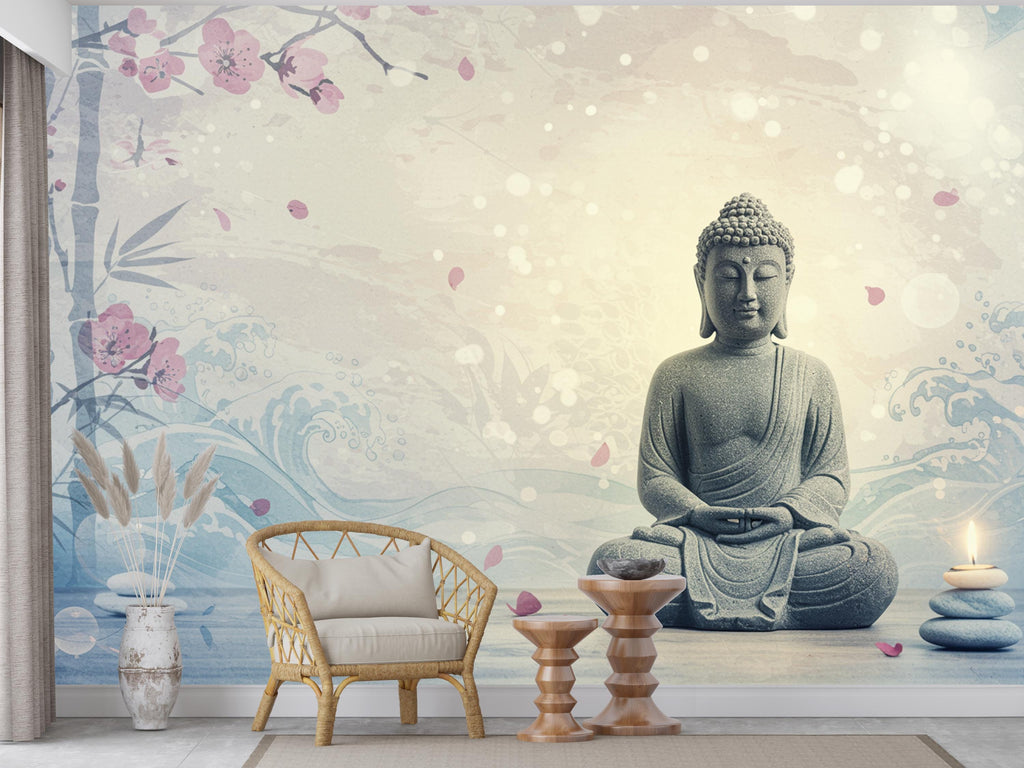 Zen Buddha Spa Wall Mural – Minimalist Meditation Wallpaper with Cherry Blossoms Watercolor Waves – Calm Neutral Wellness Decor Mural 699RS