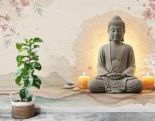 Load image into Gallery viewer, Zen Buddha Spa Wall Mural – Minimalist Meditation Wallpaper with Cherry Blossoms Watercolor Waves – Calm Neutral Wellness Decor Mural 700RS