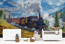 Load image into Gallery viewer, Train in the Mountains Wallpaper – Steam Locomotive Wall Mural – Boys Room Railroad Decor – Snowy Adventure Scenic Wallpaper for Nursery
