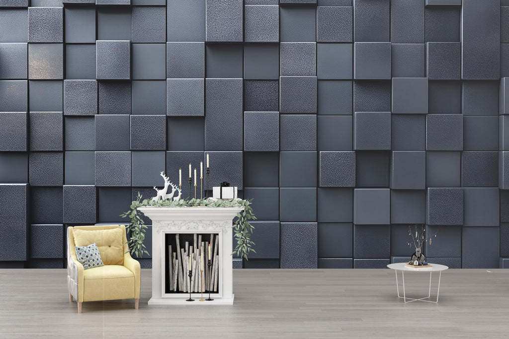 Modern 3D Black Square Wall Mural – Geometric Textured Wallpaper – Contemporary Accent Wall Décor – Peel and Stick Faux Panel Wallpaper