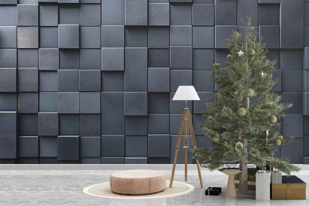 Modern 3D Black Square Wall Mural – Geometric Textured Wallpaper – Contemporary Accent Wall Décor – Peel and Stick Faux Panel Wallpaper