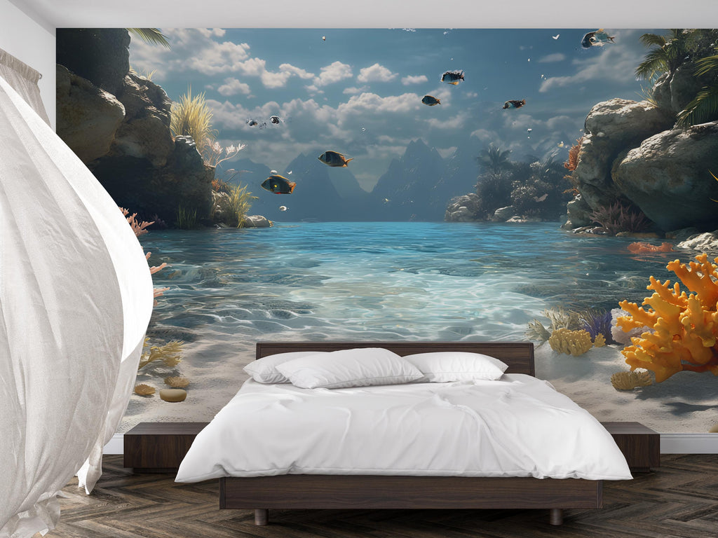 Underwater Ocean Wallpaper Mural – 3D Tropical Coral Reef Wall Art – Marine Life Bedroom Decor – Peel and Stick Aquarium Theme Wall Mural