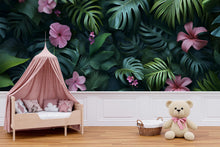 Load image into Gallery viewer, 3D Texture Tropical Jungle Floral Wallpaper – Botanical Leaf Wall Mural – Pink Hibiscus Peel and Stick Wallpaper – Exotic Plant Wall Decor