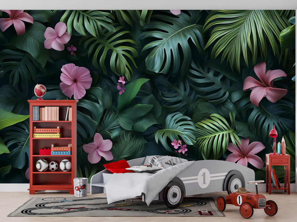 3D Texture Tropical Jungle Floral Wallpaper – Botanical Leaf Wall Mural – Pink Hibiscus Peel and Stick Wallpaper – Exotic Plant Wall Decor