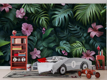 Load image into Gallery viewer, 3D Texture Tropical Jungle Floral Wallpaper – Botanical Leaf Wall Mural – Pink Hibiscus Peel and Stick Wallpaper – Exotic Plant Wall Decor